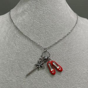 Magic Wand & Ruby Red Slippers Charm Necklace Adjustable Stainless-Steel Chain